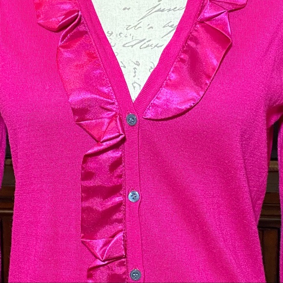 T Tahari Bevan Knit Top Sweater Satin Ruffle Cardigan Sz SP PINK - Picture 3 of 6